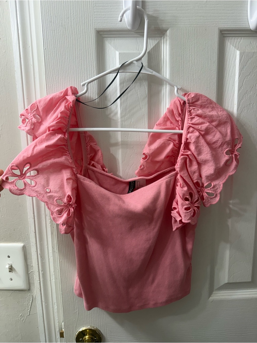 Divided Pink Eyelet Puff-Sleeve Crop Top